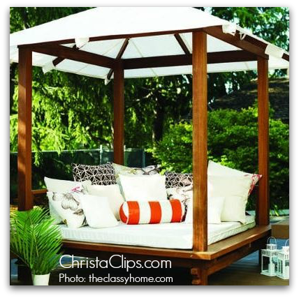 Adding a gazebo cover to the upcycled physio bed would make a budget friendly poolside Bali Bed!